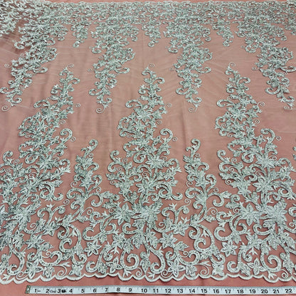 Beaded & Corded Bridal Fabric Lace Embroidered on 100% Polyester Net Mesh | Lace USA - 97219W-HB