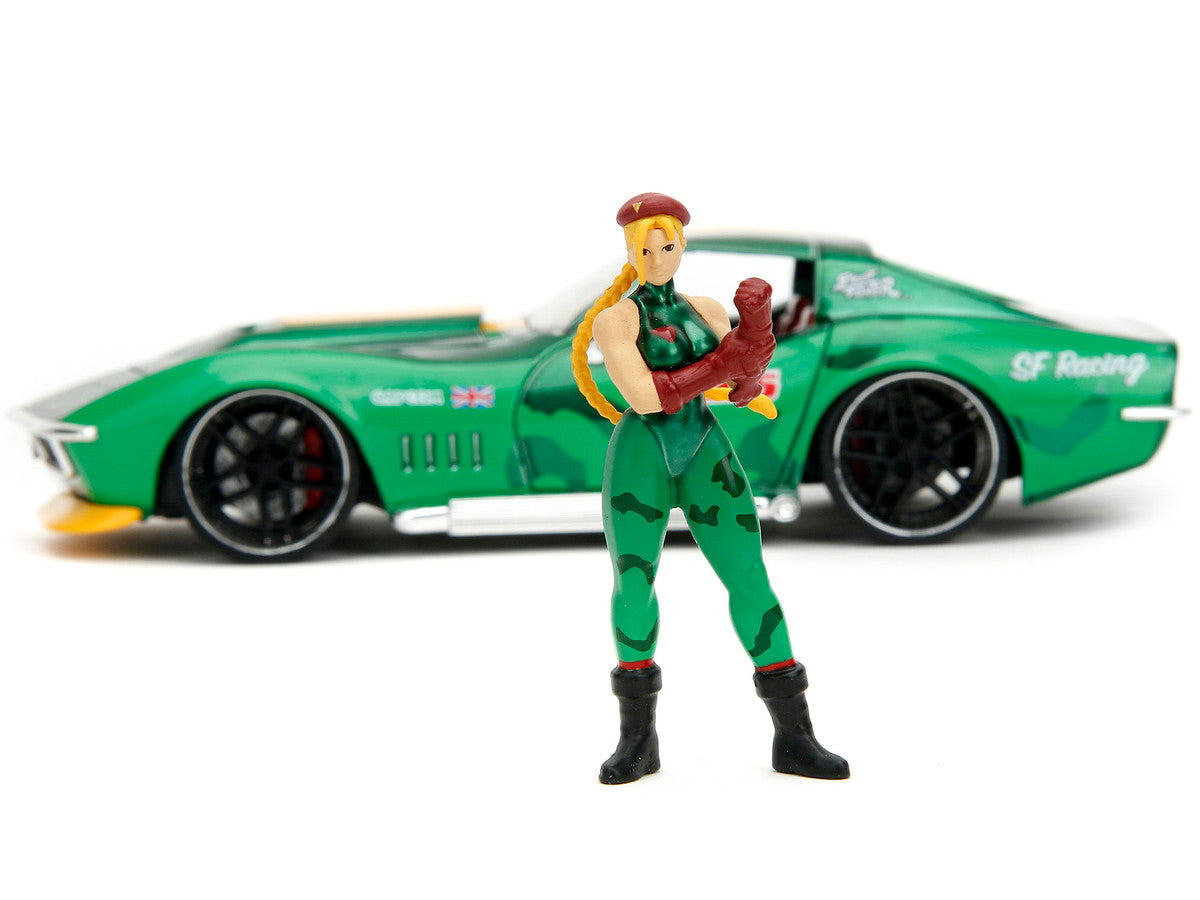 1969 Chevrolet Corvette Stingray ZL1 Green Metallic with Yellow Stripes and Cammy Diecast Figure "Street Fighter" Video Game "Anime Hollywood Rides" Series 1/24 Diecast Model Car by Jada by Jada