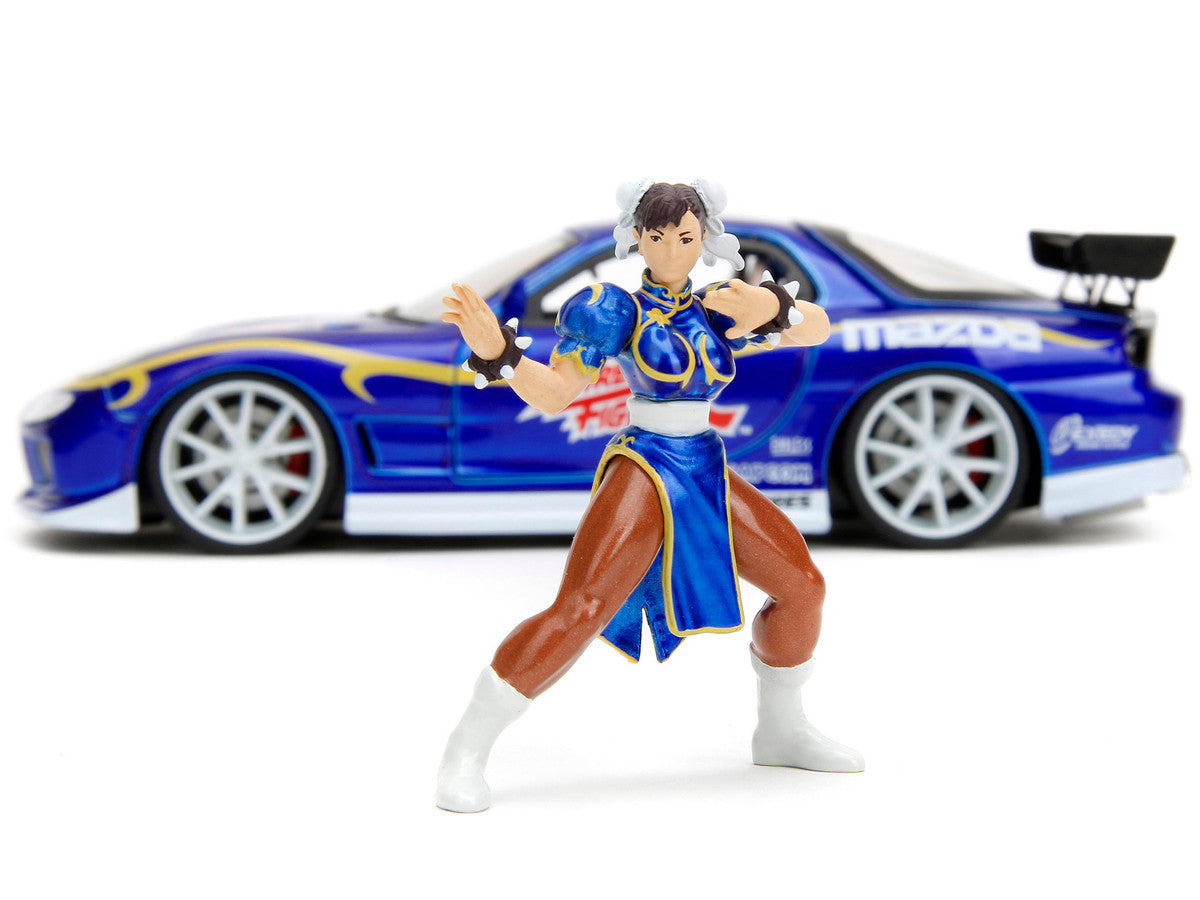 1993 Mazda RX-7 Candy Blue Metallic with Graphics and Chun-Li Diecast Figure "Street Fighter" Video Game "Anime Hollywood Rides" Series 1/24 Diecast Model Car by Jada by Jada