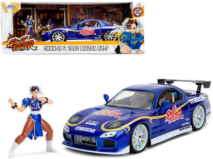 1993 Mazda RX-7 Candy Blue Metallic with Graphics and Chun-Li Diecast Figure "Street Fighter" Video Game "Anime Hollywood Rides" Series 1/24 Diecast Model Car by Jada by Jada
