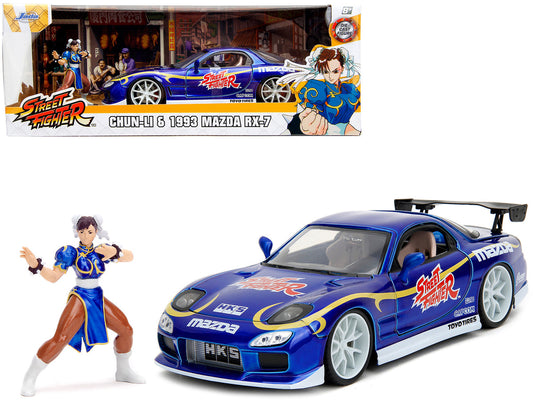1993 Mazda RX-7 Candy Blue Metallic with Graphics and Chun-Li Diecast Figure "Street Fighter" Video Game "Anime Hollywood Rides" Series 1/24 Diecast Model Car by Jada by Jada