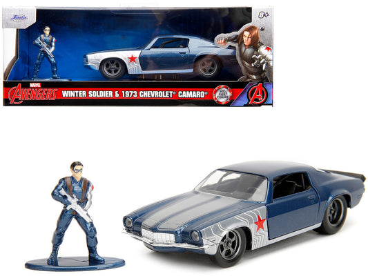 1973 Chevrolet Camaro Dark Blue Metallic with Gray Stripes and Winter Soldier Diecast Figure "Marvel Avengers" "Hollywood Rides" Series 1/32 Diecast Model Car by Jada by Jada