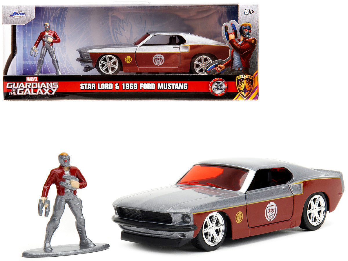 1969 Ford Mustang Silver Metallic and Dark Red and Star Lord Diecast Figure "Marvel Guardians of the Galaxy" "Hollywood Rides" Series 1/32 Diecast Model Car by Jada by Jada