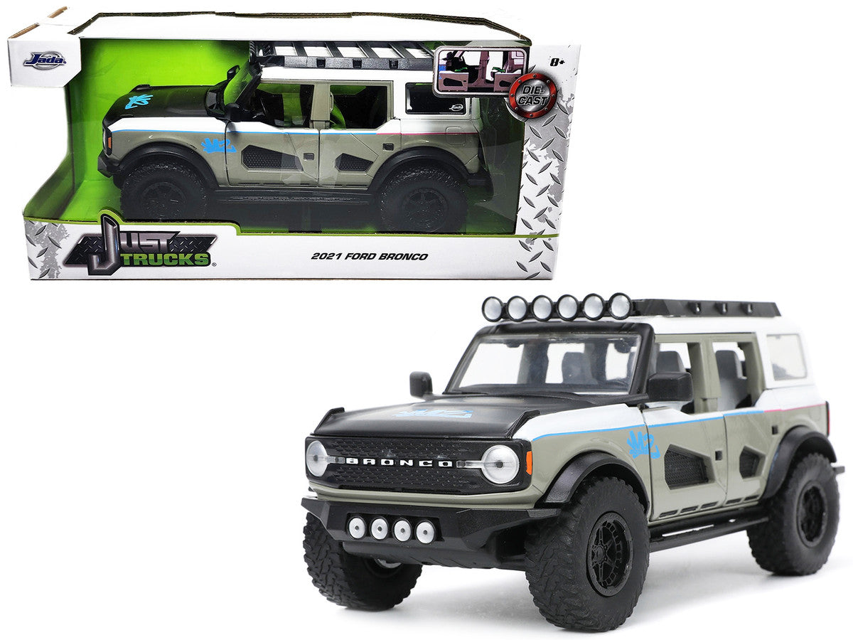 2021 Ford Bronco Gray and White with Matt Black Hood with Roof Rack "M2 Motoring" "Just Trucks" Series 1/24 Diecast Model Car by Jada by Jada