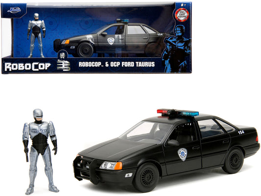 Ford Taurus OCP Matt Black "Detroit Police" and Robocop Diecast Figure 35th Anniversary "Robocop" (1987) Movie "Hollywood Rides" Series 1/24 Diecast Model Car by Jada by Jada