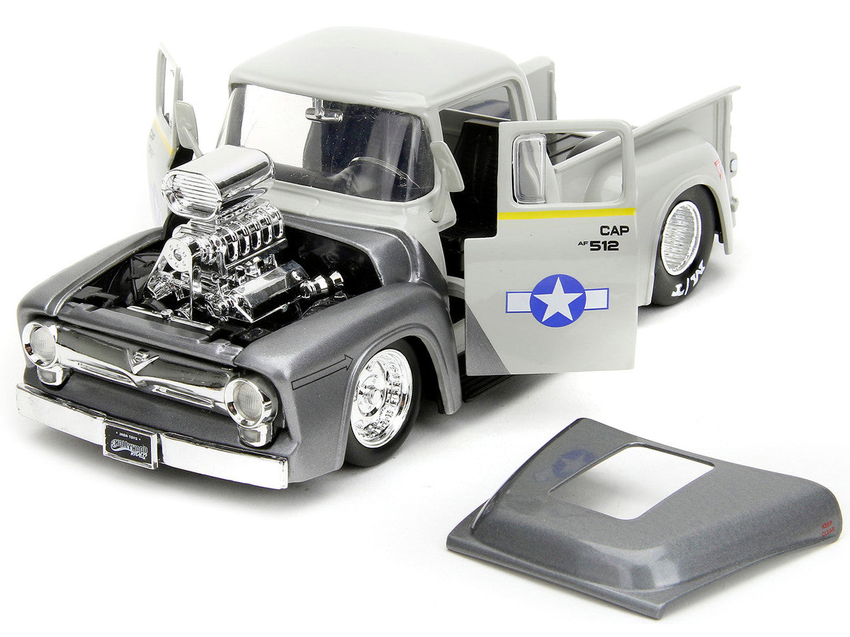 1956 Ford F-100 Pickup Truck Tan and Gray Metallic and Guile Diecast Figure "Street Fighter" Video Game "Anime Hollywood Rides" Series 1/24 Diecast Model Car by Jada by Jada