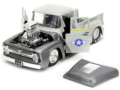 1956 Ford F-100 Pickup Truck Tan and Gray Metallic and Guile Diecast Figure "Street Fighter" Video Game "Anime Hollywood Rides" Series 1/24 Diecast Model Car by Jada by Jada