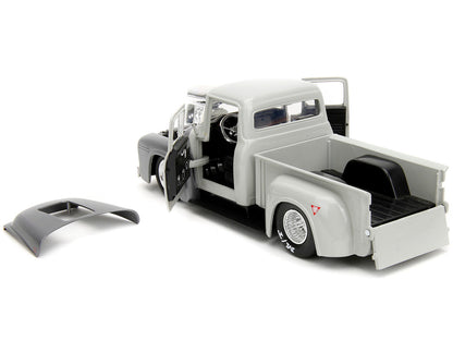 1956 Ford F-100 Pickup Truck Tan and Gray Metallic and Guile Diecast Figure "Street Fighter" Video Game "Anime Hollywood Rides" Series 1/24 Diecast Model Car by Jada by Jada