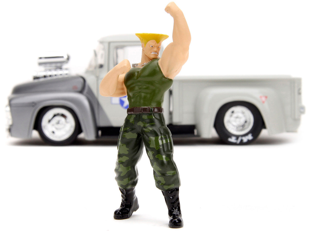 1956 Ford F-100 Pickup Truck Tan and Gray Metallic and Guile Diecast Figure "Street Fighter" Video Game "Anime Hollywood Rides" Series 1/24 Diecast Model Car by Jada by Jada