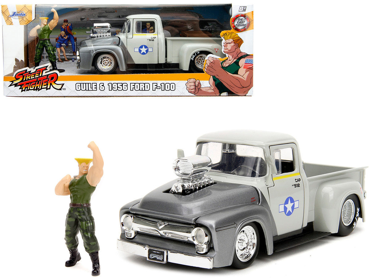 1956 Ford F-100 Pickup Truck Tan and Gray Metallic and Guile Diecast Figure "Street Fighter" Video Game "Anime Hollywood Rides" Series 1/24 Diecast Model Car by Jada by Jada