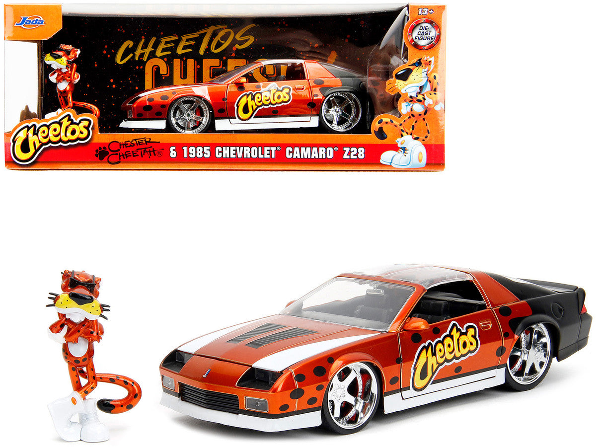 1985 Chevrolet Camaro Z/28 Orange Metallic with Graphics and Chester Cheetah Diecast Figure "Cheetos" "Hollywood Rides" Series 1/24 Diecast Model Car by Jada by Jada