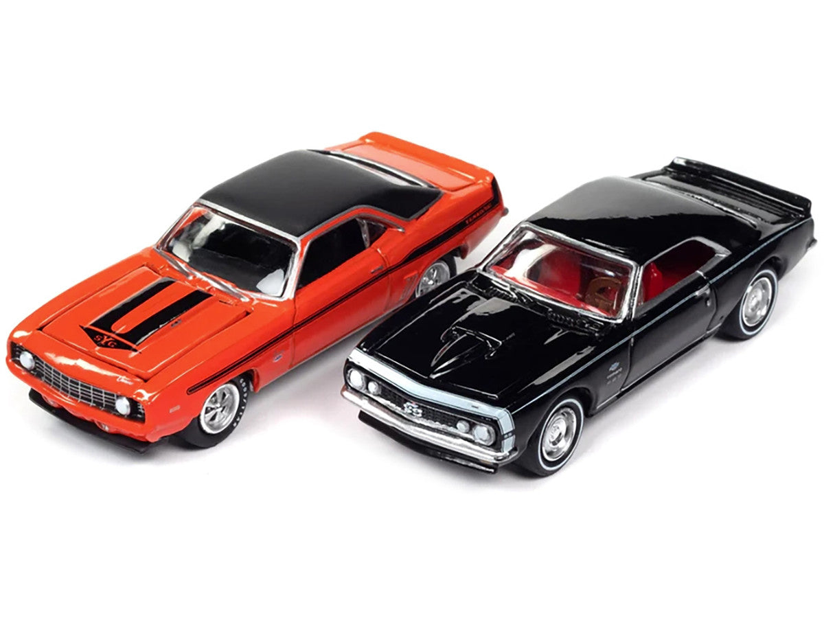 1969 Chevrolet Camaro Hugger Orange with Black Top and Stripes and 1967 Chevrolet Camaro Black with White Stripe and Red Interior "Yenko" Series Set of 2 Cars 1/64 Diecast Model Cars by Johnny Lightning by Johnny Lightning