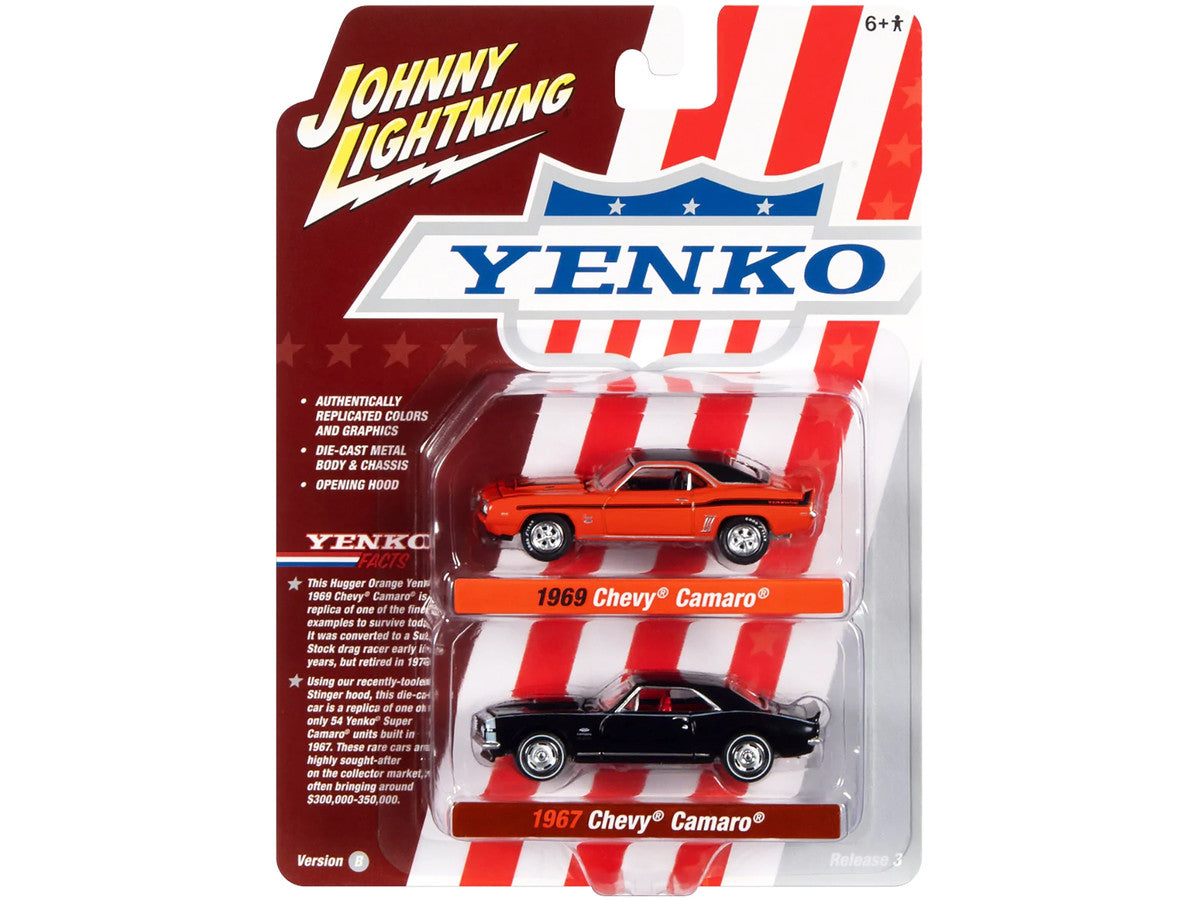 1969 Chevrolet Camaro Hugger Orange with Black Top and Stripes and 1967 Chevrolet Camaro Black with White Stripe and Red Interior "Yenko" Series Set of 2 Cars 1/64 Diecast Model Cars by Johnny Lightning by Johnny Lightning