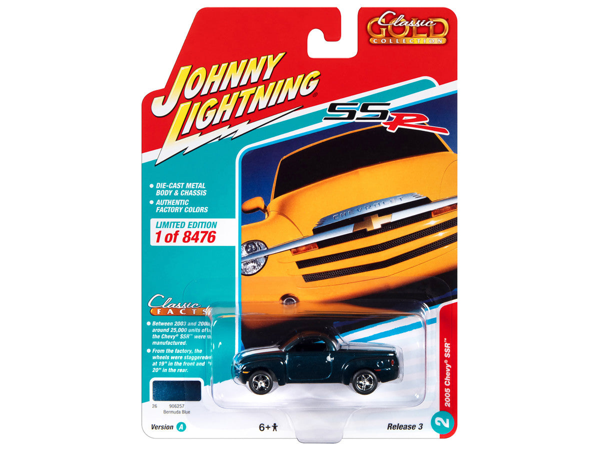 2005 Chevrolet SSR Pickup Truck Bermuda Blue Metallic with White Stripes "Classic Gold Collection" Series Limited Edition to 8476 pieces Worldwide 1/64 Diecast Model Car by Johnny Lightning by Johnny Lightning