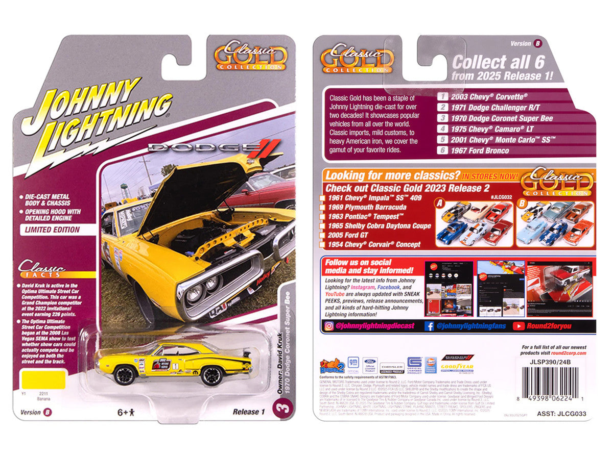 1970 Dodge Coronet Super Bee #1 "David Kruk" Banana Yellow with Black Stripes and Top "Classic Gold Collection" 1/64 Diecast Model Car by Johnny Lightning by Johnny Lightning
