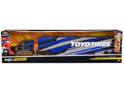 International LoneStar Enclosed Car Transporter "Toyo Tires" Black with Blue and Gray Stripes "Custom Haulers" Series 1/64 Diecast Model by Maisto by Maisto