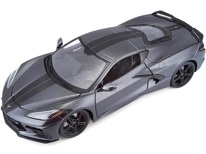 2020 Chevrolet Corvette Stingray C8 Dark Gray Metallic with Racing Stripes 1/18 Diecast Model Car by Maisto by Maisto