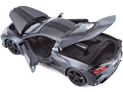 2020 Chevrolet Corvette Stingray C8 Dark Gray Metallic with Racing Stripes 1/18 Diecast Model Car by Maisto by Maisto