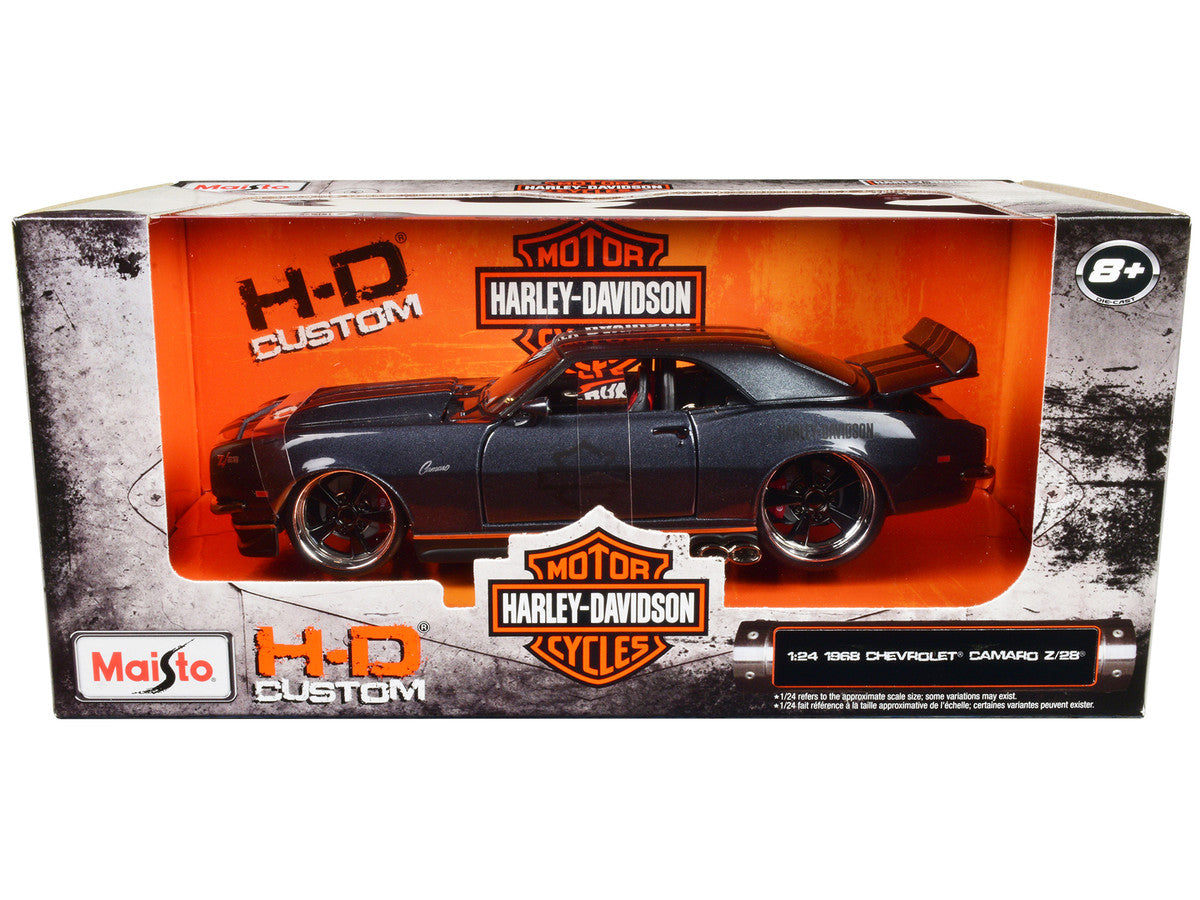 1968 Chevrolet Camaro Z/28 Dark Gray Metallic with Black and Orange Stripes "Harley Davidson" "H-D Custom" 1/24 Diecast Model Car by Maisto by Maisto