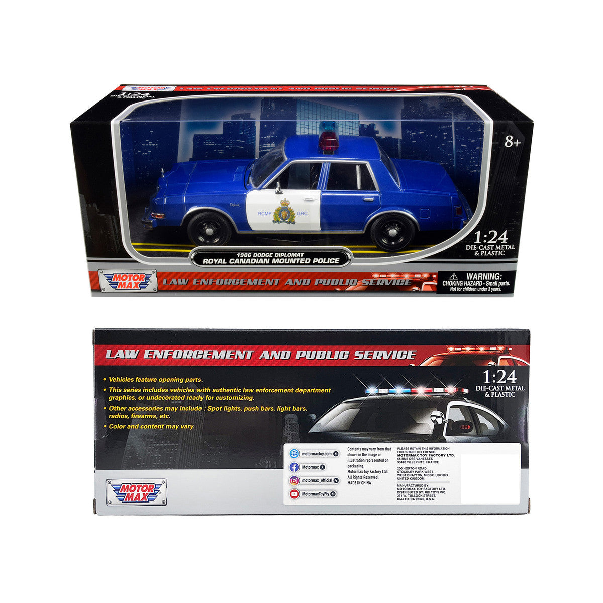 1986 Dodge Diplomat "Royal Canadian Mounted Police" Metallic Blue and White 1/24 Diecast Model Car by Motormax by Motormax
