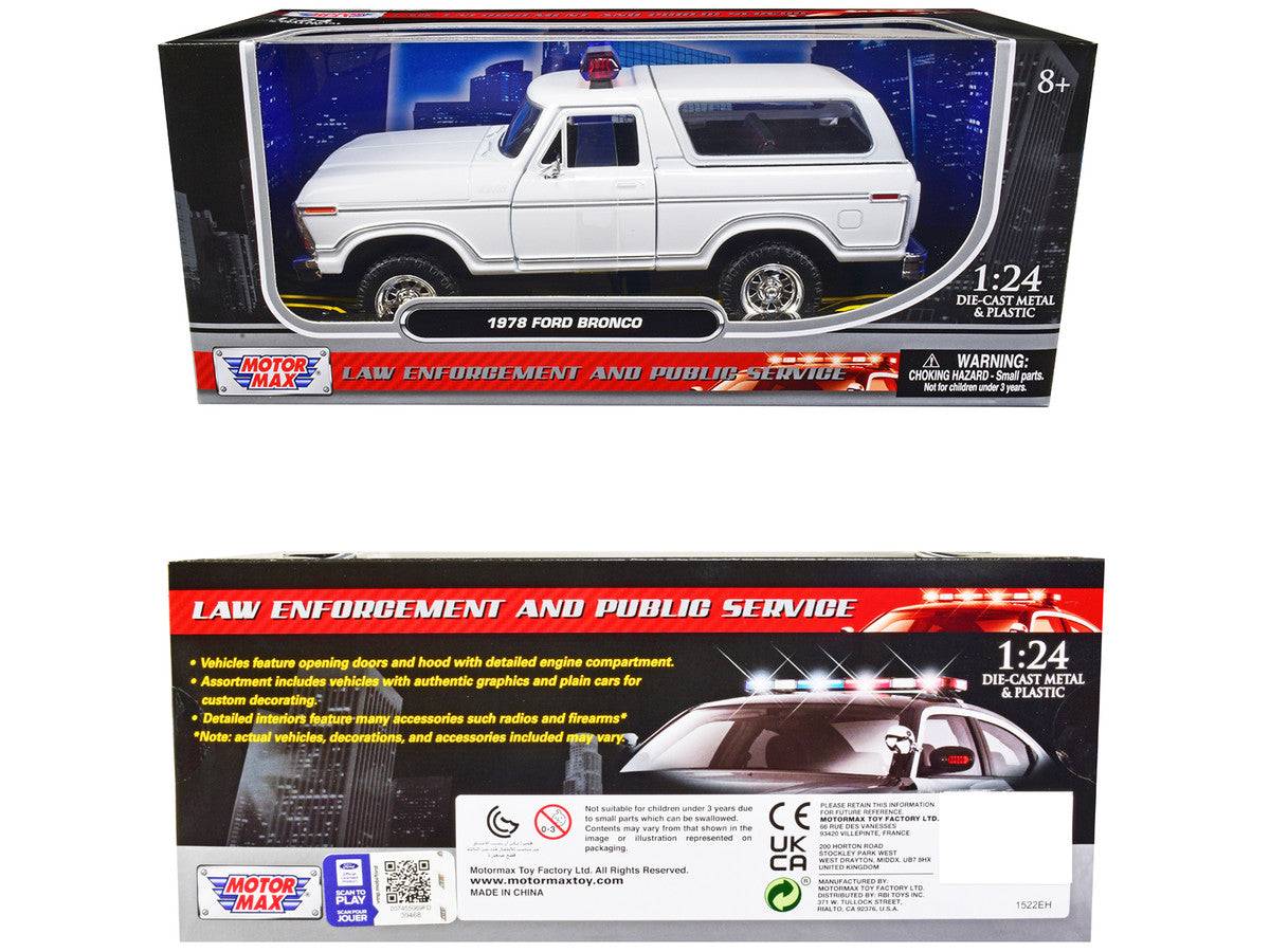 1978 Ford Bronco Police Car Unmarked White "Law Enforcement and Public Service" Series 1/24 Diecast Model Car by Motormax by Motormax