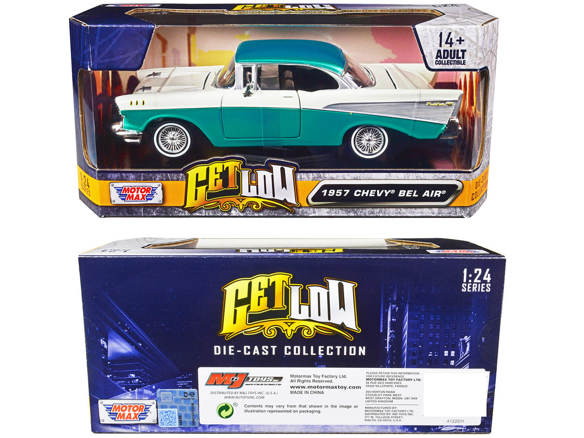 1957 Chevrolet Bel Air Lowrider Turquoise Metallic and White "Get Low" Series 1/24 Diecast Model Car by Motormax by Motormax