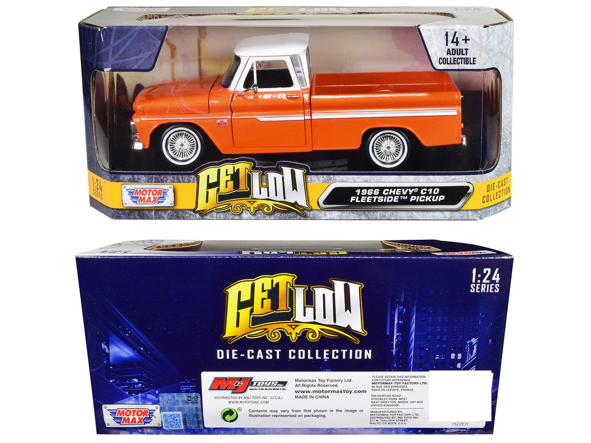 1966 Chevrolet C10 Fleetside Pickup Truck Lowrider Orange Metallic with White Top "Get Low" Series 1/24 Diecast Model Car by Motormax by Motormax