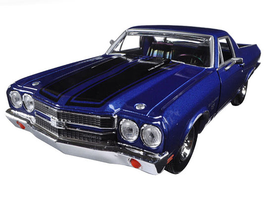 1970 Chevrolet El Camino SS 396 Dark Blue Metallic with Black Stripes 1/24 Diecast Model Car by Motormax by Motormax