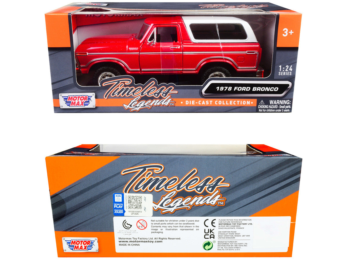 1978 Ford Bronco Custom Red and White "Timeless Legends" Series 1/24 Diecast Model Car by Motormax by Motormax