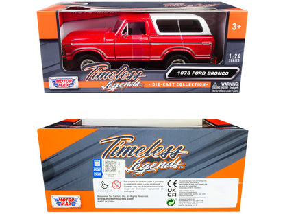 1978 Ford Bronco Custom Red and White "Timeless Legends" Series 1/24 Diecast Model Car by Motormax by Motormax