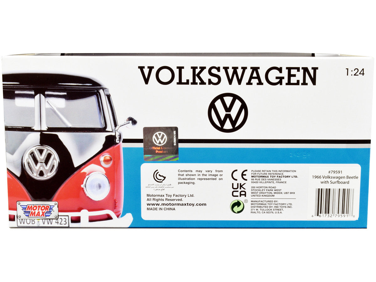 1966 Volkswagen Beetle Black with Wood Panels and Two Surfboards on Roof Rack 1/24 Diecast Model Car by Motormax by Motormax