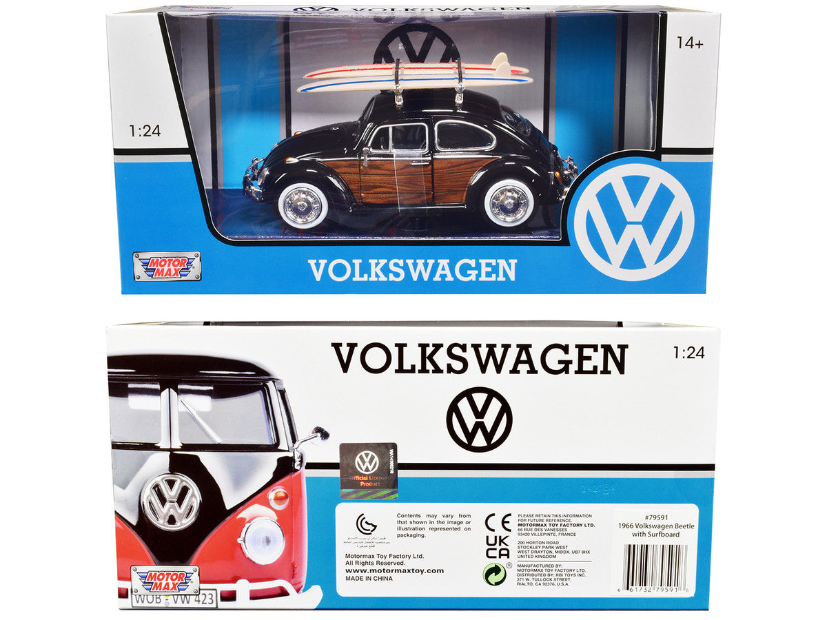 1966 Volkswagen Beetle Black with Wood Panels and Two Surfboards on Roof Rack 1/24 Diecast Model Car by Motormax by Motormax