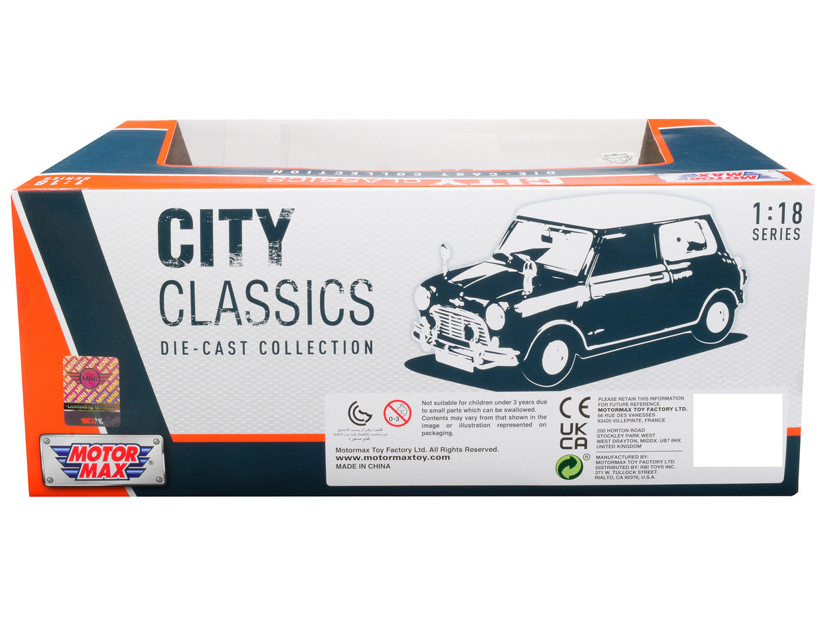 1961-1967 Morris Mini Cooper RHD (Right Hand Drive) Dark Blue with British Flag on the Top and Roof Rack "City Classics" Series 1/18 Diecast Model Car by Motormax by Motormax