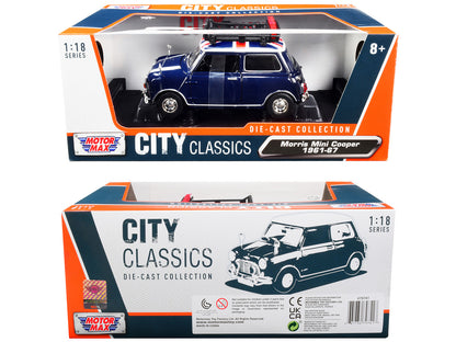 1961-1967 Morris Mini Cooper RHD (Right Hand Drive) Dark Blue with British Flag on the Top and Roof Rack "City Classics" Series 1/18 Diecast Model Car by Motormax by Motormax
