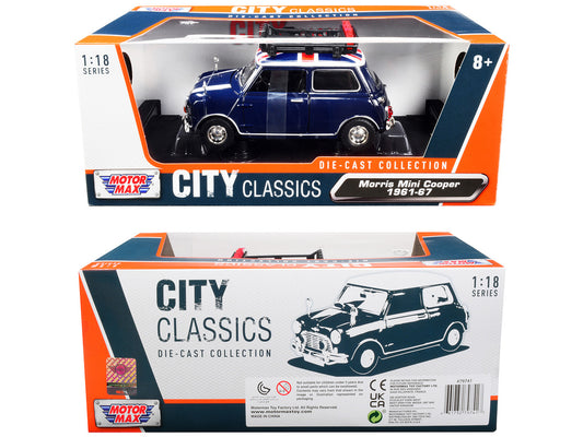 1961-1967 Morris Mini Cooper RHD (Right Hand Drive) Dark Blue with British Flag on the Top and Roof Rack "City Classics" Series 1/18 Diecast Model Car by Motormax by Motormax