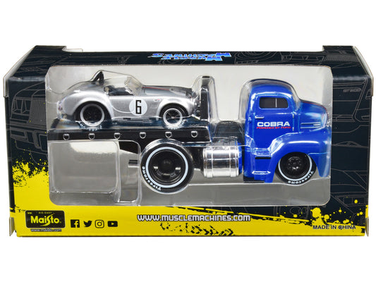 1950 Ford COE Flatbed Truck Blue "Cobra Powered by Ford" and 1964 Shelby Cobra #6 Silver Metallic with Stripes "Muscle Transports" Series 1/64 Diecast Model Cars by Muscle Machines by Muscle Machines