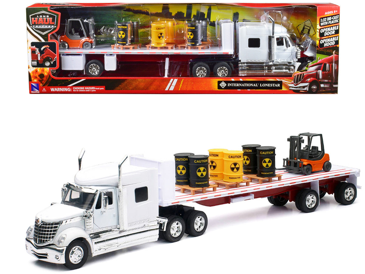 International Lonestar Flatbed Truck White with 6 Toxic Barrels 3 Pallets and Forklift "Long Haul Trucker" Series 1/32 Diecast Model by New Ray by New Ray