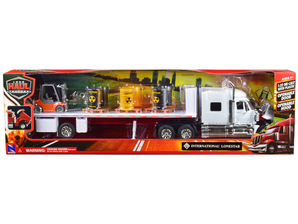 International Lonestar Flatbed Truck White with 6 Toxic Barrels 3 Pallets and Forklift "Long Haul Trucker" Series 1/32 Diecast Model by New Ray by New Ray
