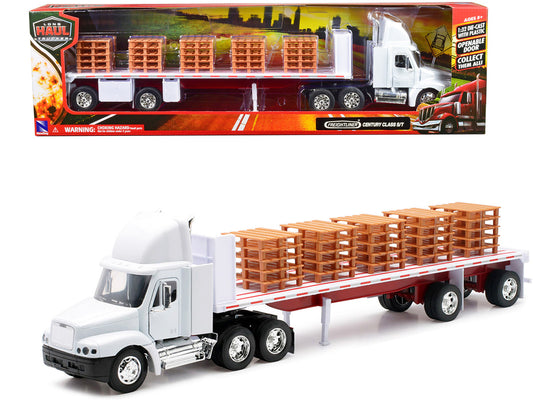 Freightliner Century Class S/T Flatbed Truck White with Pallet Accessories "Long Haul Trucker" Series 1/32 Diecast Model by New Ray by New Ray