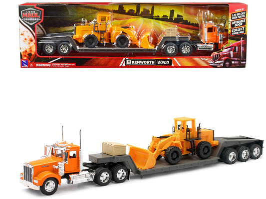 Kenworth W900 Truck with Lowboy Trailer Orange and Wheel Loader Yellow "Long Haul Trucker" Series 1/32 Diecast Model by New Ray by New Ray