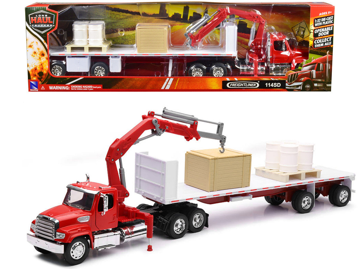 Freightliner 114SD Flatbed Truck with Crane Red with Accessories "Long Haul Trucker" Series 1/32 Diecast Model by New Ray by New Ray
