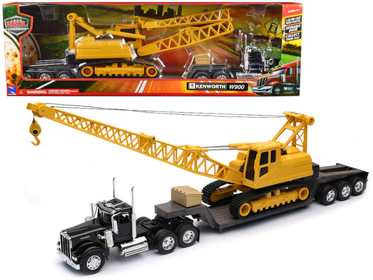 Kenworth W900 Truck with Lowboy Trailer Black and Crane Yellow "Long Haul Trucker" Series 1/32 Diecast Model by New Ray by New Ray