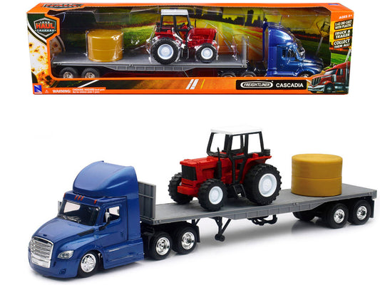 Freightliner Cascadia with Flatbed Trailer Blue with Farm Tractor Red and Hay Bales "Long Haul Trucker" Series 1/43 Diecast Model by New Ray by New Ray