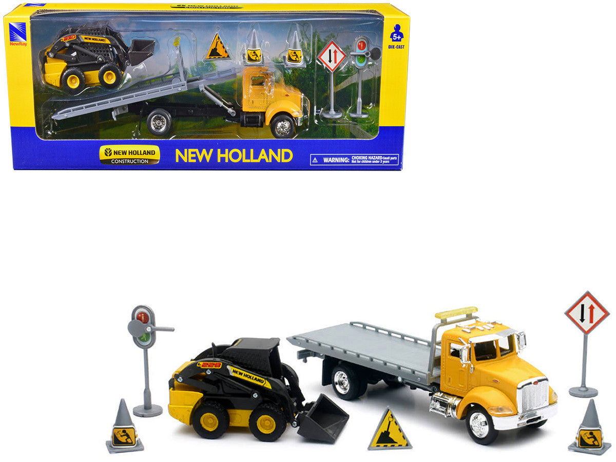 Peterbilt Roll-Off Flatbed Truck Yellow and New Holland L228 Skid Steer Yellow with Road Signs "New Holland Construction" Series 1/43 Diecast Model by New Ray by New Ray