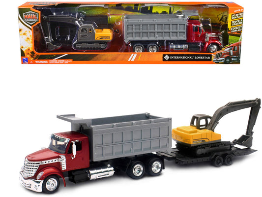 International Lonestar Dump Truck Red and Tracked Excavator Yellow with Flatbed Trailer "Long Haul Truckers" Series 1/43 Diecast Model by New Ray by New Ray