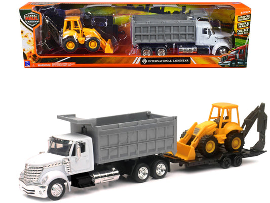 International Lonestar Dump Truck White and Wheel Loader Yellow with Flatbed Trailer "Long Haul Truckers" Series 1/43 Diecast Model by New Ray by New Ray