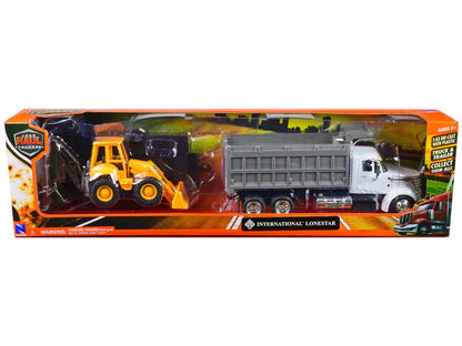 International Lonestar Dump Truck White and Wheel Loader Yellow with Flatbed Trailer "Long Haul Truckers" Series 1/43 Diecast Model by New Ray by New Ray
