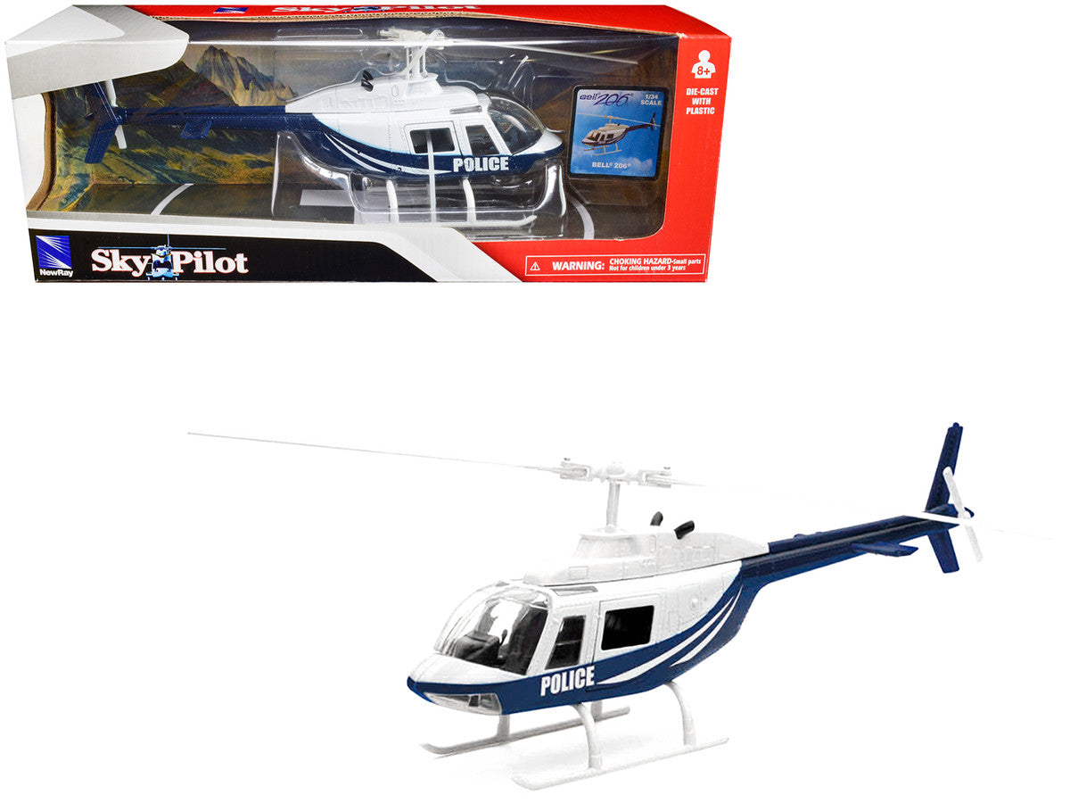 Bell 206 Helicopter Dark Blue and White "Police" "Sky Pilot" Series 1/34 Diecast Model by New Ray by New Ray