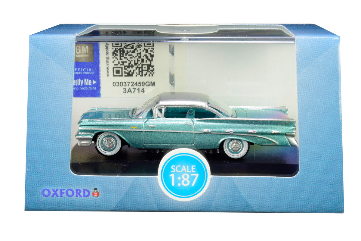 1959 Pontiac Bonneville Coupe Seaspray Green with Silver Top 1/87 (HO) Scale Diecast Model Car by Oxford Diecast by Oxford Diecast
