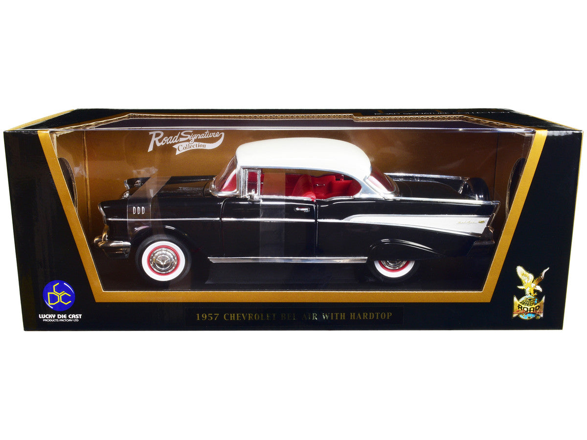 1957 Chevrolet Bel Air Hardtop Black with White Top and Red Interior 1/18 Diecast Model Car by Road Signature by Road Signature